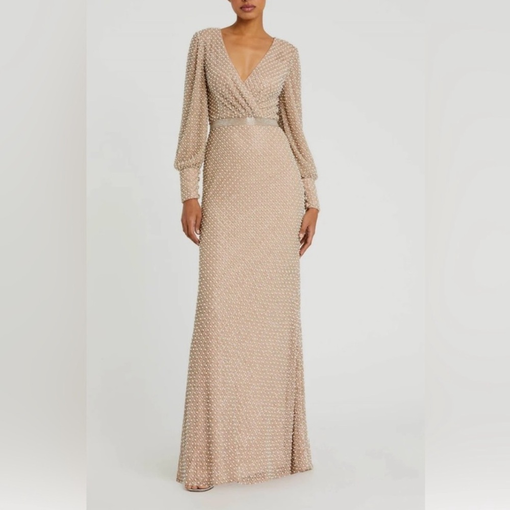 Mac Duggal Ivory & Nude Pearl & Beads Embellished Wrap Over Bishop Sleeve Gown